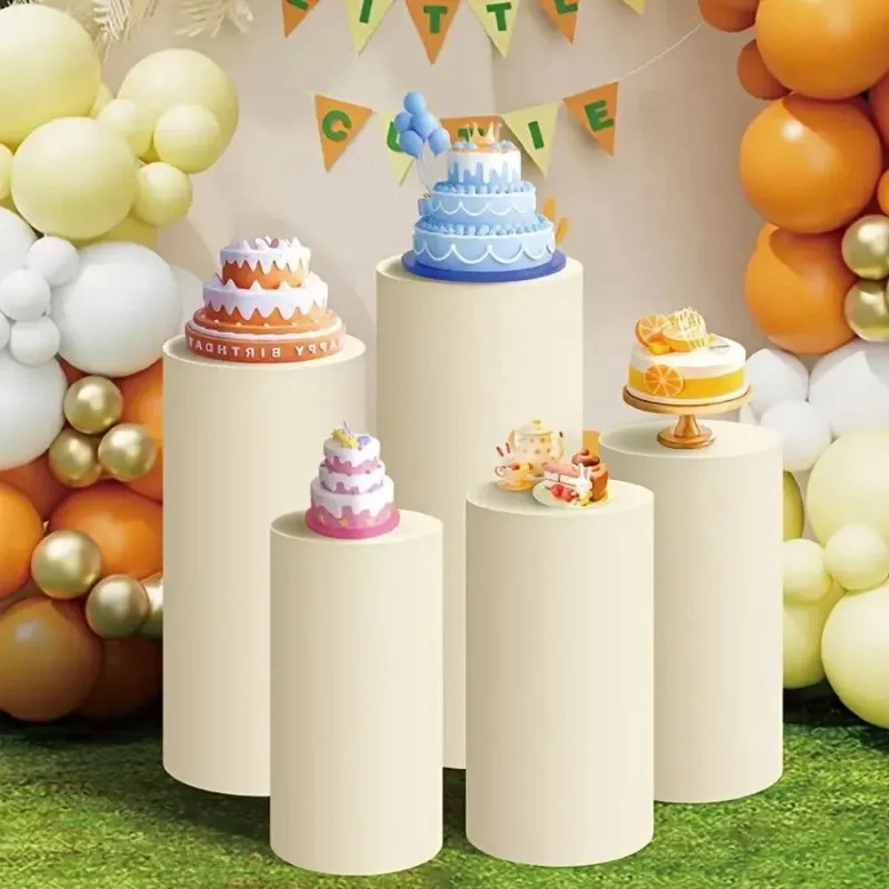 5 Cylinder Pedestal Fitted Spandex STAND COVERS Set Party Decoration beige ivory